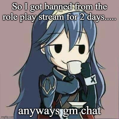 *Sips coffee* | So I got banned from the role play stream for 2 days..... anyways gm chat | image tagged in lucina sipping tea | made w/ Imgflip meme maker