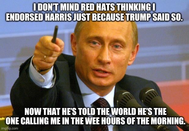 Whispering Sweet Nothing I Bet | I DON’T MIND RED HATS THINKING I ENDORSED HARRIS JUST BECAUSE TRUMP SAID SO. NOW THAT HE’S TOLD THE WORLD HE’S THE ONE CALLING ME IN THE WEE HOURS OF THE MORNING. | image tagged in memes,good guy putin,trump | made w/ Imgflip meme maker