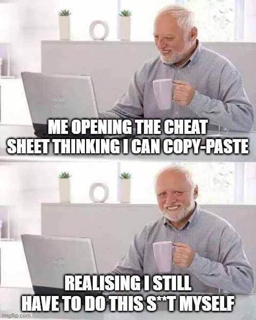 cheatsheet | ME OPENING THE CHEAT SHEET THINKING I CAN COPY-PASTE; REALISING I STILL HAVE TO DO THIS S**T MYSELF | image tagged in memes,hide the pain harold | made w/ Imgflip meme maker