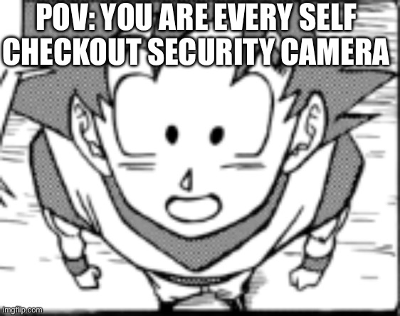 Every kid did this at least once | POV: YOU ARE EVERY SELF CHECKOUT SECURITY CAMERA | image tagged in goku screen | made w/ Imgflip meme maker