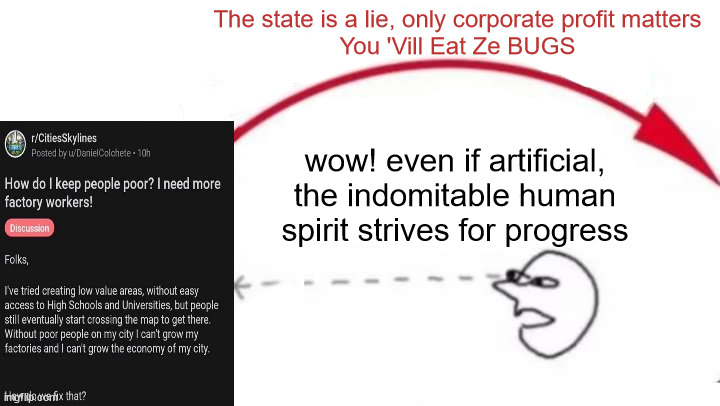 r/CitiesSkylines, poor-people-problem, world-economic-forum, eat-ze-bugs | The state is a lie, only corporate profit matters
You 'Vill Eat Ze BUGS; wow! even if artificial, the indomitable human spirit strives for progress | image tagged in meaning jumps over head,new world order,economy,dystopia,reddit | made w/ Imgflip meme maker