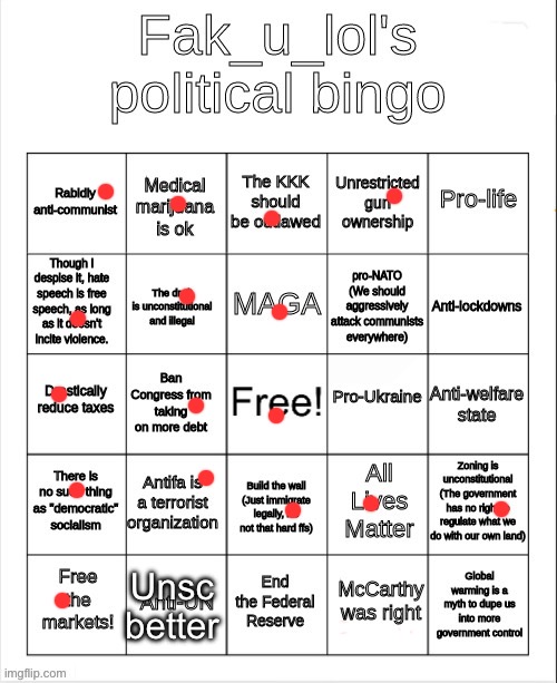 Fak_u_lol's Political Bingo | Unsc better | image tagged in fak_u_lol's political bingo | made w/ Imgflip meme maker