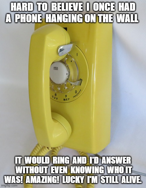 Amazing! | HARD  TO  BELIEVE  I  ONCE  HAD  A  PHONE  HANGING ON THE  WALL; IT  WOULD  RING  AND  I'D  ANSWER  WITHOUT  EVEN  KNOWING  WHO IT WAS!  AMAZING!  LUCKY  I'M  STILL  ALIVE. | image tagged in telephone | made w/ Imgflip meme maker