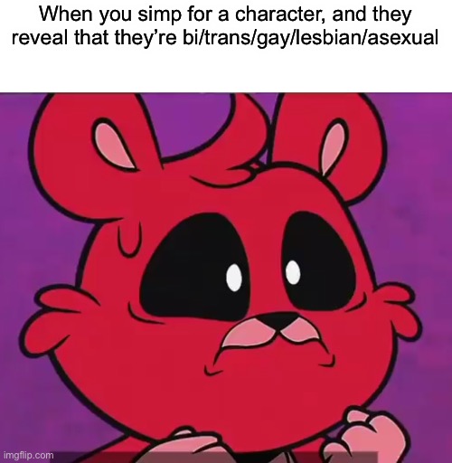 Damnittt | When you simp for a character, and they reveal that they’re bi/trans/gay/lesbian/asexual | image tagged in bobby bearhug realize | made w/ Imgflip meme maker