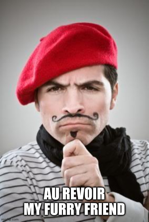 Frenchman | AU REVOIR MY FURRY FRIEND | image tagged in frenchman | made w/ Imgflip meme maker