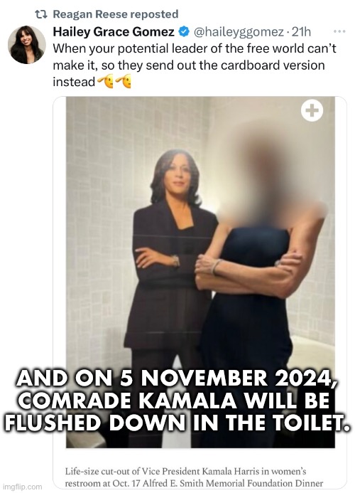 Comrade Kamala = Walter Mondale. | AND ON 5 NOVEMBER 2024,
COMRADE KAMALA WILL BE 
FLUSHED DOWN IN THE TOILET. | image tagged in kamala harris,democrat party,communist,traitor,marxism,presidential election | made w/ Imgflip meme maker