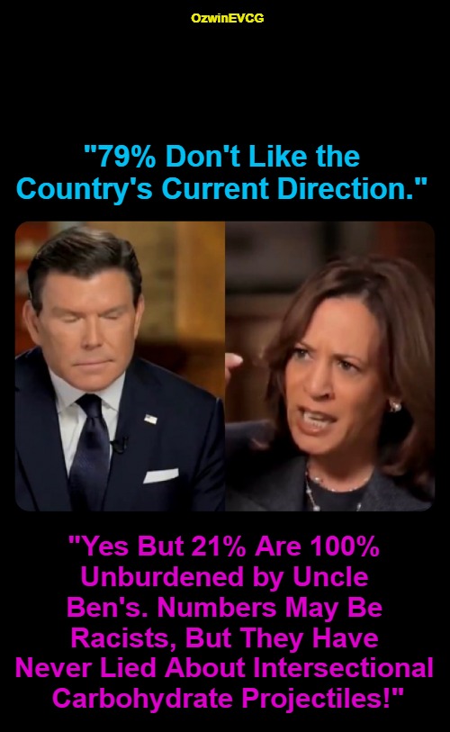 [3V] Parody Paraphrase for Decoy Damsel's unFOXy Interview [3V] | OzwinEVCG; "79% Don't Like the 

Country's Current Direction."; "Yes But 21% Are 100% 

Unburdened by Uncle 

Ben's. Numbers May Be 

Racists, But They Have 

Never Lied About Intersectional 

Carbohydrate Projectiles!" | image tagged in kamala harris,comrade kneepads,diversity hires,politicians suck,diversity liars,weimerica | made w/ Imgflip meme maker