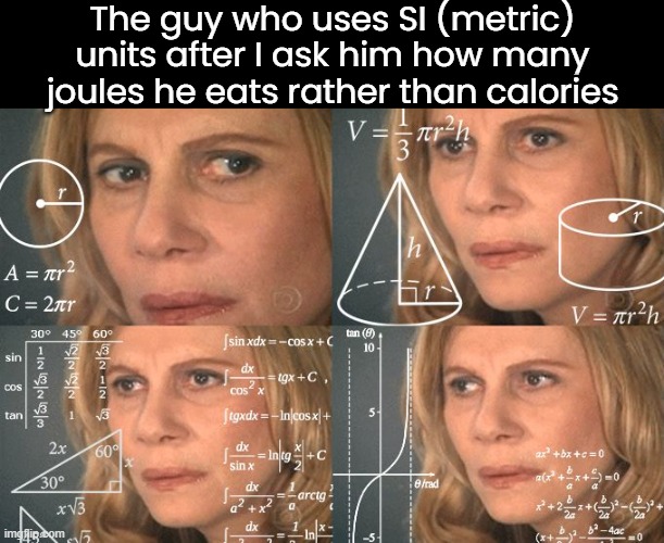 I also use metric | The guy who uses SI (metric) units after I ask him how many joules he eats rather than calories | image tagged in calculating meme | made w/ Imgflip meme maker