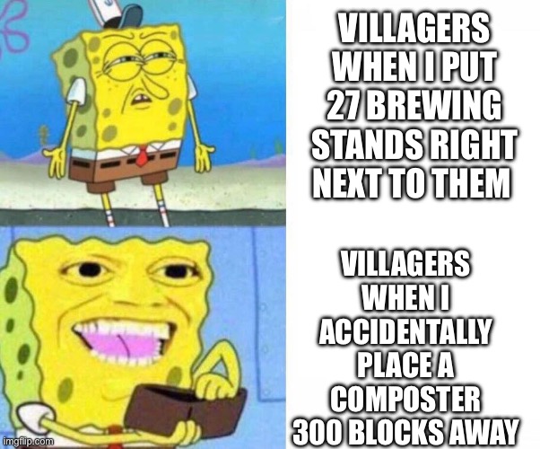 Bruh | VILLAGERS WHEN I PUT 27 BREWING STANDS RIGHT NEXT TO THEM; VILLAGERS WHEN I ACCIDENTALLY PLACE A COMPOSTER 300 BLOCKS AWAY | image tagged in sponge bob wallet,memes,funny,minecraft,villager,why are you reading the tags | made w/ Imgflip meme maker