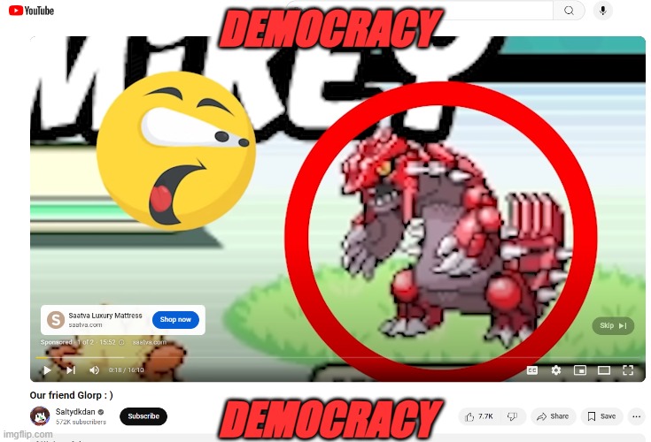 ad glitch on you tube | DEMOCRACY; DEMOCRACY | image tagged in democracy,saltydkdan | made w/ Imgflip meme maker