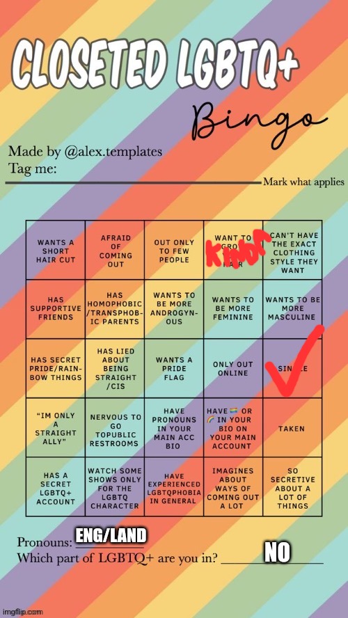 Closeted LGBTQ+ Bingo | ENG/LAND; NO | image tagged in closeted lgbtq bingo | made w/ Imgflip meme maker