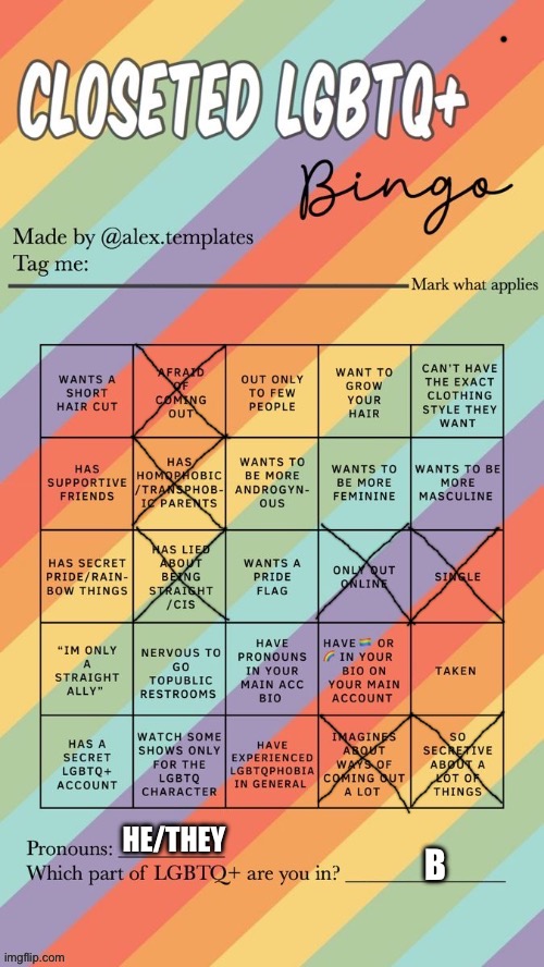 I hate this fucking bingo so fucking much | HE/THEY; B | image tagged in closeted lgbtq bingo | made w/ Imgflip meme maker