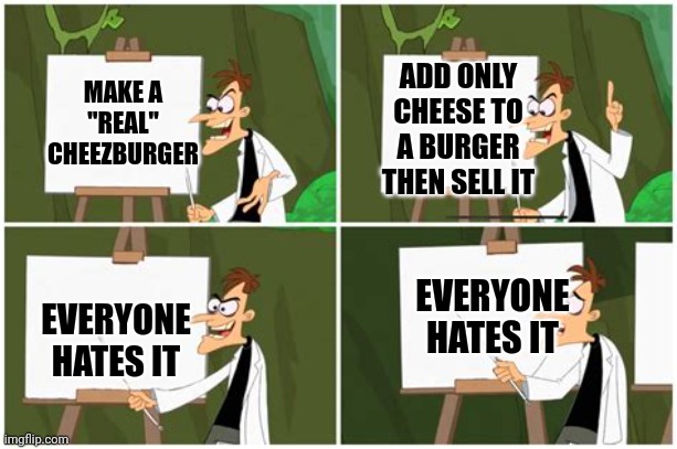 Very cheeseburger | ADD ONLY CHEESE TO A BURGER THEN SELL IT; MAKE A "REAL" CHEEZBURGER; EVERYONE HATES IT; EVERYONE HATES IT | image tagged in doof does gru meme | made w/ Imgflip meme maker