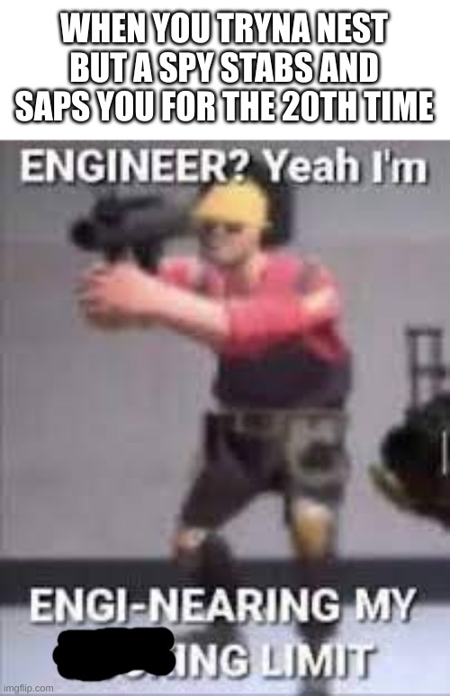 I'M ENGINEERING MY LIMIT | WHEN YOU TRYNA NEST BUT A SPY STABS AND SAPS YOU FOR THE 20TH TIME | image tagged in engi-nearing,tf2,team fortress 2,tf2 engineer | made w/ Imgflip meme maker