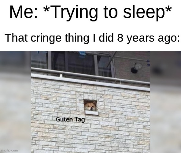 Guten Tag | Me: *Trying to sleep*; That cringe thing I did 8 years ago: | image tagged in guten tag,memes,funny,relatable,left exit 12 off ramp | made w/ Imgflip meme maker