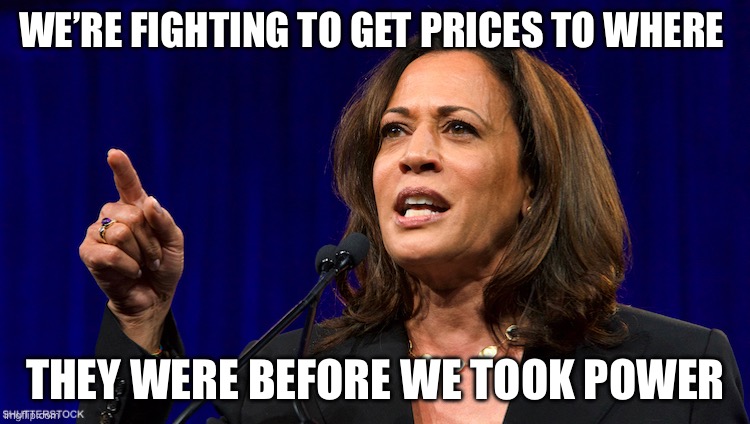 Inflation | WE’RE FIGHTING TO GET PRICES TO WHERE; THEY WERE BEFORE WE TOOK POWER | image tagged in kamala harris,politics,political meme,democrats | made w/ Imgflip meme maker