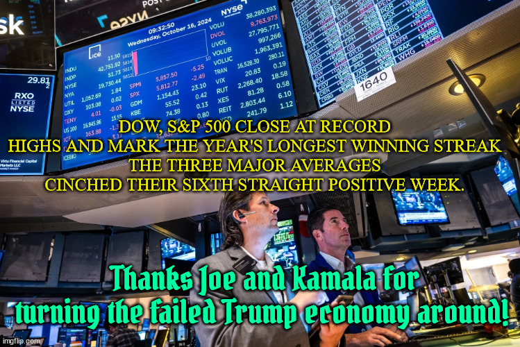 Joe & Kamala another market record high | DOW, S&P 500 CLOSE AT RECORD HIGHS AND MARK THE YEAR'S LONGEST WINNING STREAK
THE THREE MAJOR AVERAGES CINCHED THEIR SIXTH STRAIGHT POSITIVE WEEK. Thanks Joe and Kamala for turning the failed Trump economy around! | image tagged in market record high again,gas prices drop again,america rebounds again,oil at 69 dollars a barrel,bidenomics wins again | made w/ Imgflip meme maker