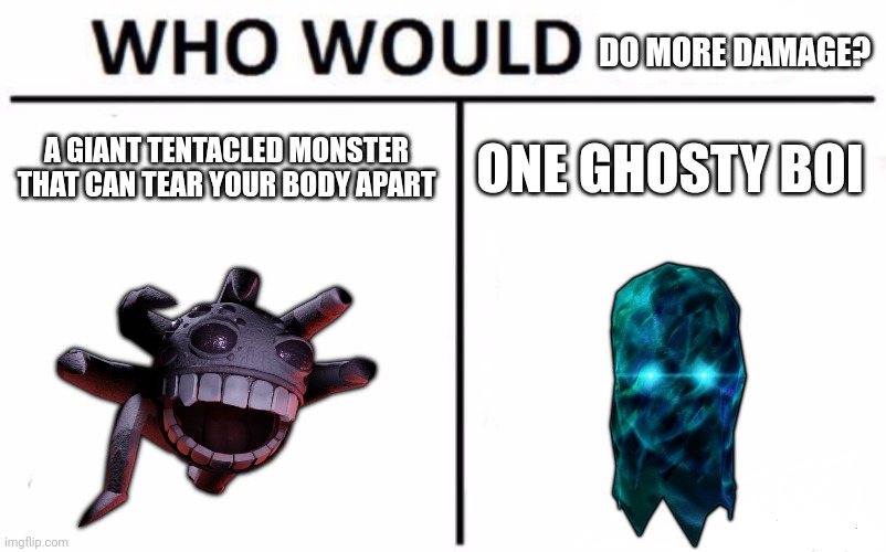 Who Would Win? | DO MORE DAMAGE? A GIANT TENTACLED MONSTER THAT CAN TEAR YOUR BODY APART; ONE GHOSTY BOI | image tagged in memes,who would win | made w/ Imgflip meme maker