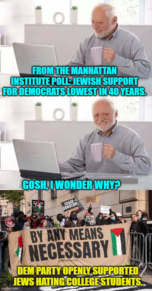 Yes, a mystery the Dem Party's leadership may never solve. | FROM THE MANHATTAN INSTITUTE POLL: JEWISH SUPPORT FOR DEMOCRATS LOWEST IN 40 YEARS. GOSH, I WONDER WHY? DEM PARTY OPENLY SUPPORTED JEWS HATING COLLEGE STUDENTS. | image tagged in hide the pain harold | made w/ Imgflip meme maker