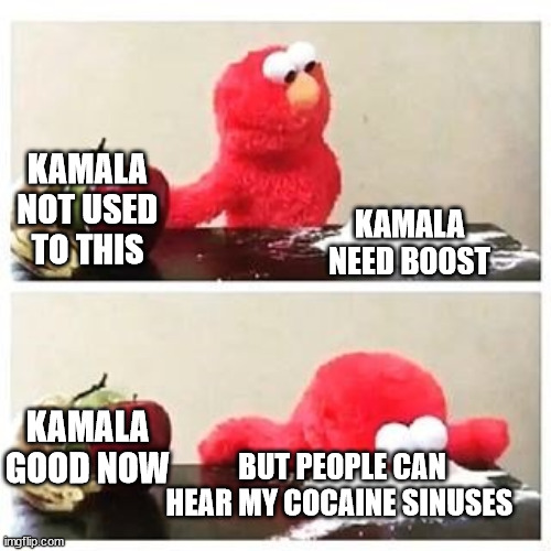 COCAINE TELLS ON YOU. Listen to her voice.If you know you know. | KAMALA NOT USED TO THIS; KAMALA NEED BOOST; KAMALA GOOD NOW; BUT PEOPLE CAN HEAR MY COCAINE SINUSES | image tagged in elmo cocaine,kamala harris,trump | made w/ Imgflip meme maker