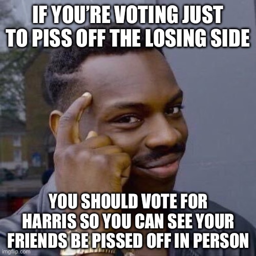 Thinking Black Guy | IF YOU’RE VOTING JUST TO PISS OFF THE LOSING SIDE; YOU SHOULD VOTE FOR HARRIS SO YOU CAN SEE YOUR FRIENDS BE PISSED OFF IN PERSON | image tagged in thinking black guy | made w/ Imgflip meme maker