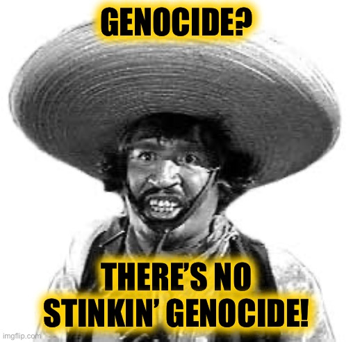 Badges we dont need no stinking badges | GENOCIDE? THERE’S NO STINKIN’ GENOCIDE! | image tagged in badges we dont need no stinking badges | made w/ Imgflip meme maker