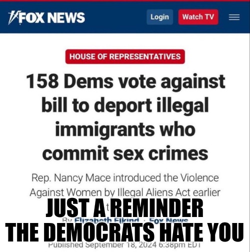 The Democrats hate you. | JUST A REMINDER THE DEMOCRATS HATE YOU | image tagged in democrats,evil,illegal aliens | made w/ Imgflip meme maker