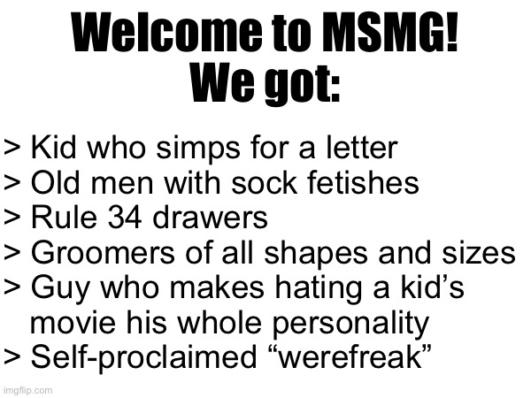 Feel free to extend | Welcome to MSMG!
We got:; > Kid who simps for a letter
> Old men with sock fetishes
> Rule 34 drawers
> Groomers of all shapes and sizes
> Guy who makes hating a kid’s
   movie his whole personality
> Self-proclaimed “werefreak” | made w/ Imgflip meme maker
