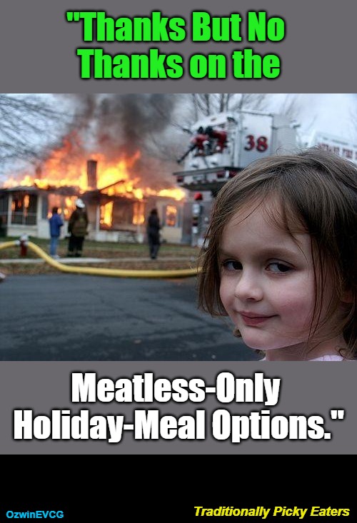 TPE | "Thanks But No 

Thanks on the; Meatless-Only 

Holiday-Meal Options."; Traditionally Picky Eaters; OzwinEVCG | image tagged in disaster girl,dark,vegans,vegetarians,carnivores,you were warned | made w/ Imgflip meme maker