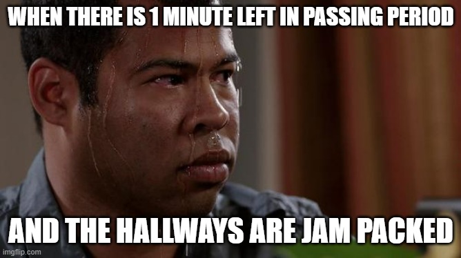 you know youre gonna be late | WHEN THERE IS 1 MINUTE LEFT IN PASSING PERIOD; AND THE HALLWAYS ARE JAM PACKED | image tagged in sweating bullets,hallway,late,school | made w/ Imgflip meme maker