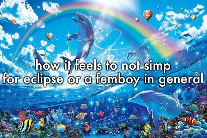 Happy dolphin rainbow | how it feels to not simp for eclipse or a femboy in general | image tagged in happy dolphin rainbow | made w/ Imgflip meme maker