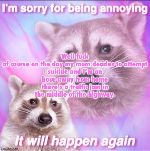 sorry for being annoying | Well fuck

of course on the day my mom decides to attempt suicide and I’m an hour away from home there’s a traffic jam in the middle of the highway. | image tagged in sorry for being annoying | made w/ Imgflip meme maker