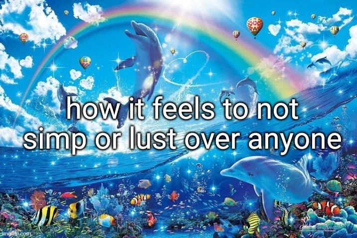 some of u should ya know join in | how it feels to not simp or lust over anyone | image tagged in happy dolphin rainbow | made w/ Imgflip meme maker