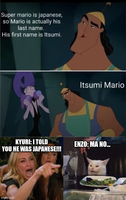 When an Italian meets a Japanese person | KYURI: I TOLD YOU HE WAS JAPANESE!!! ENZO: MA NO... | image tagged in ocs,woman yelling at cat | made w/ Imgflip meme maker