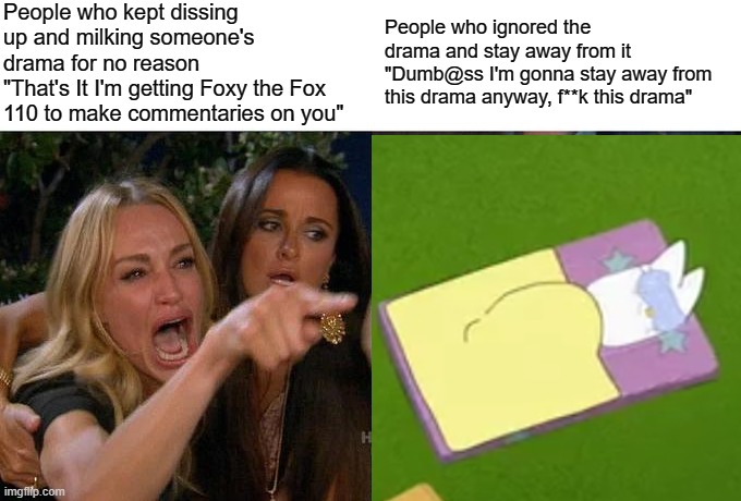 Woman Yelling At Cat Meme | People who kept dissing up and milking someone's 
drama for no reason
"That's It I'm getting Foxy the Fox 110 to make commentaries on you"; People who ignored the drama and stay away from it
"Dumb@ss I'm gonna stay away from this drama anyway, f**k this drama" | image tagged in memes,woman yelling at cat,kinderwood,meme,drama,user dramas | made w/ Imgflip meme maker