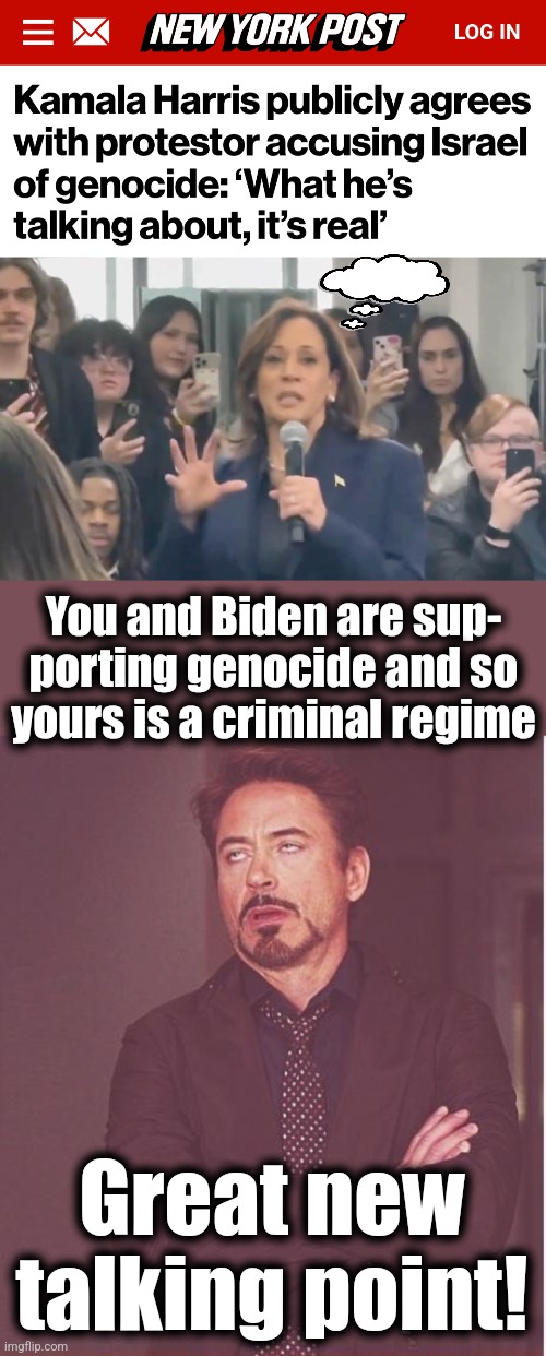 Her handlers just need to make her STFU | You and Biden are sup-
porting genocide and so
yours is a criminal regime; Great new talking point! | image tagged in memes,face you make robert downey jr,kamala harris,genocide,democrats,israel | made w/ Imgflip meme maker