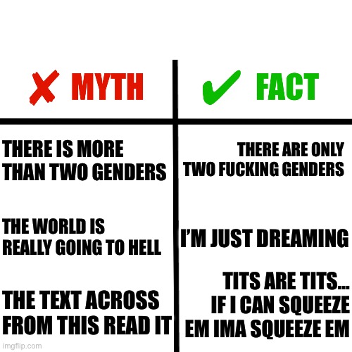 Myths vs facts comparison grid | THERE IS MORE THAN TWO GENDERS THERE ARE ONLY TWO FUCKING GENDERS THE WORLD IS REALLY GOING TO HELL I’M JUST DREAMING THE TEXT ACROSS FROM T | image tagged in myths vs facts comparison grid | made w/ Imgflip meme maker