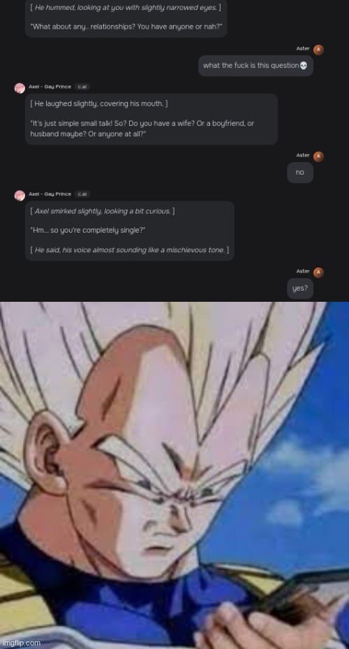 Aster is canonically asexual | image tagged in vegeta looking at phones | made w/ Imgflip meme maker