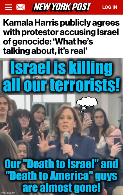 Who will she send all that money to now? | Israel is killing all our terrorists! Our "Death to Israel" and
"Death to America" guys
are almost gone! | image tagged in memes,kamala harris,terrorists,genocide,democrats,death to america | made w/ Imgflip meme maker