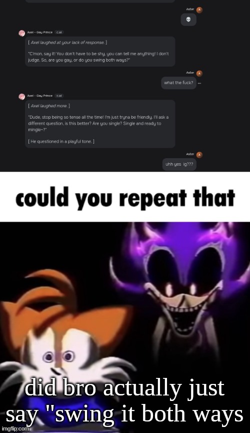 did bro actually just say "swing it both ways | image tagged in could you repeat that | made w/ Imgflip meme maker