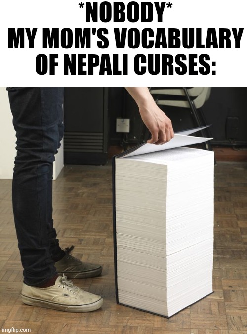 She doesn't curse much, but I can say the name of a random chemical and she'll think I'm cursing. | *NOBODY*
MY MOM'S VOCABULARY OF NEPALI CURSES: | image tagged in big book | made w/ Imgflip meme maker