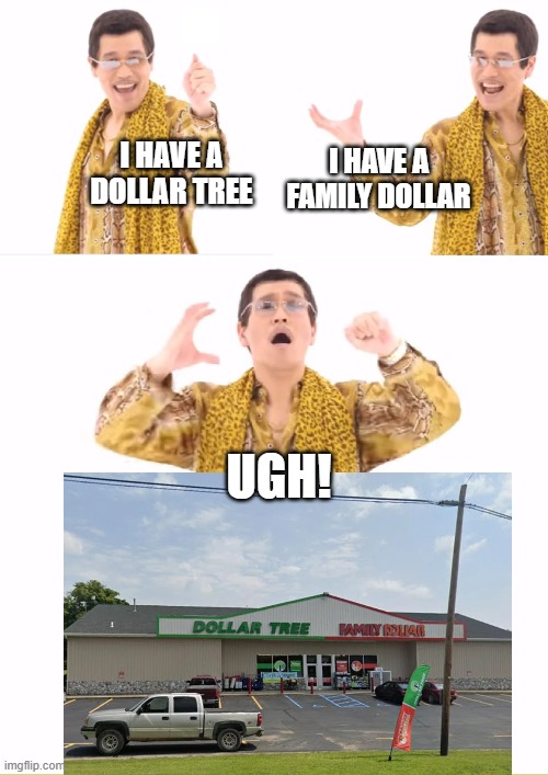 PPAP Meme | I HAVE A DOLLAR TREE; I HAVE A FAMILY DOLLAR; UGH! | image tagged in memes,ppap | made w/ Imgflip meme maker