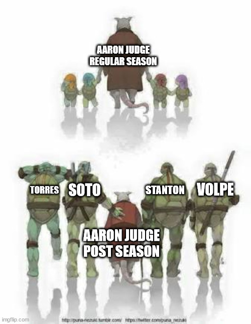 Old splinter tmnt | AARON JUDGE REGULAR SEASON; VOLPE; SOTO; STANTON; TORRES; AARON JUDGE POST SEASON | image tagged in old splinter tmnt | made w/ Imgflip meme maker