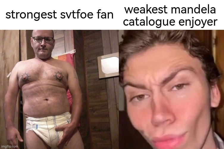 fr | weakest mandela catalogue enjoyer; strongest svtfoe fan | image tagged in virgin vs chad | made w/ Imgflip meme maker