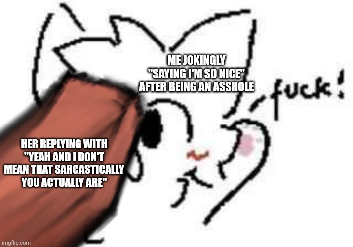 ME JOKINGLY "SAYING I'M SO NICE" AFTER BEING AN ASSHOLE; HER REPLYING WITH "YEAH AND I DON'T MEAN THAT SARCASTICALLY YOU ACTUALLY ARE" | made w/ Imgflip meme maker