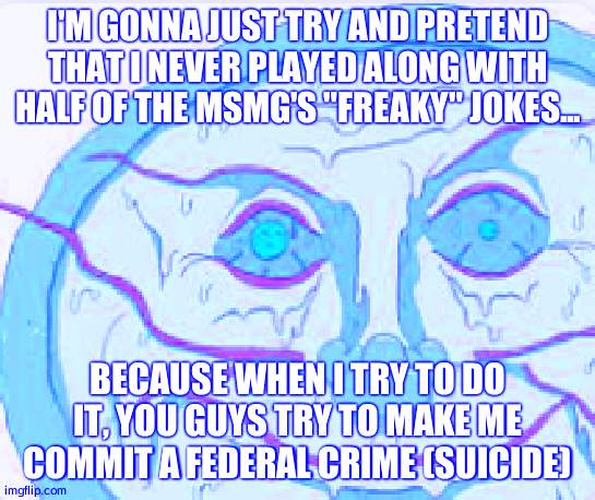 Yeah, hopefully it actually get's me to calm tf down | I'M GONNA JUST TRY AND PRETEND THAT I NEVER PLAYED ALONG WITH HALF OF THE MSMG'S "FREAKY" JOKES... BECAUSE WHEN I TRY TO DO IT, YOU GUYS TRY TO MAKE ME COMMIT A FEDERAL CRIME (SUICIDE) | image tagged in tryhards | made w/ Imgflip meme maker