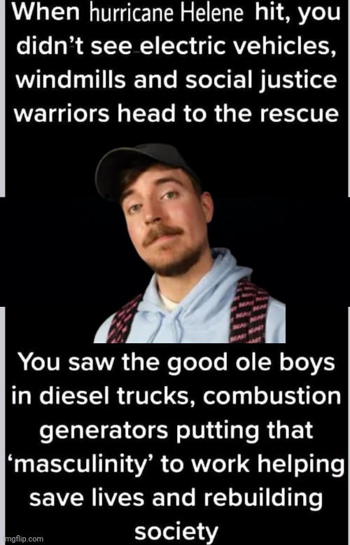 Redneck rescue volunteers | image tagged in black background,hurricanes,mr beast | made w/ Imgflip meme maker