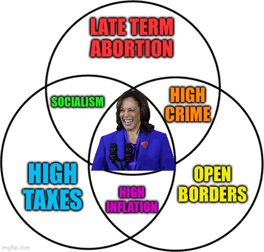 Kamala’s Three-ring Circus | LATE TERM ABORTION; SOCIALISM; HIGH CRIME; HIGH
TAXES; OPEN BORDERS; HIGH INFLATION | image tagged in venn diagram | made w/ Imgflip meme maker