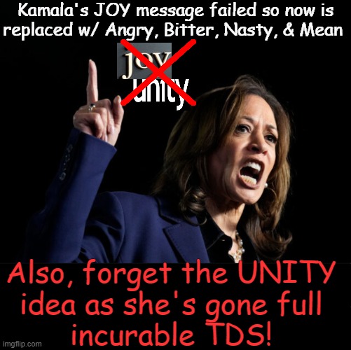 Dems have nothing to offer America except extinction | Kamala's JOY message failed so now is
replaced w/ Angry, Bitter, Nasty, & Mean; Also, forget the UNITY 
idea as she's gone full 
incurable TDS! | image tagged in liberalism,dumbing down the population,open borders,communism,chaos,government corruption | made w/ Imgflip meme maker