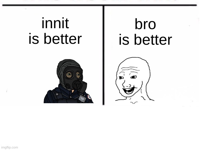 feel free to vote everybody (I'll make a chart in a month) | innit is better; bro is better | image tagged in comparison table,debate | made w/ Imgflip meme maker